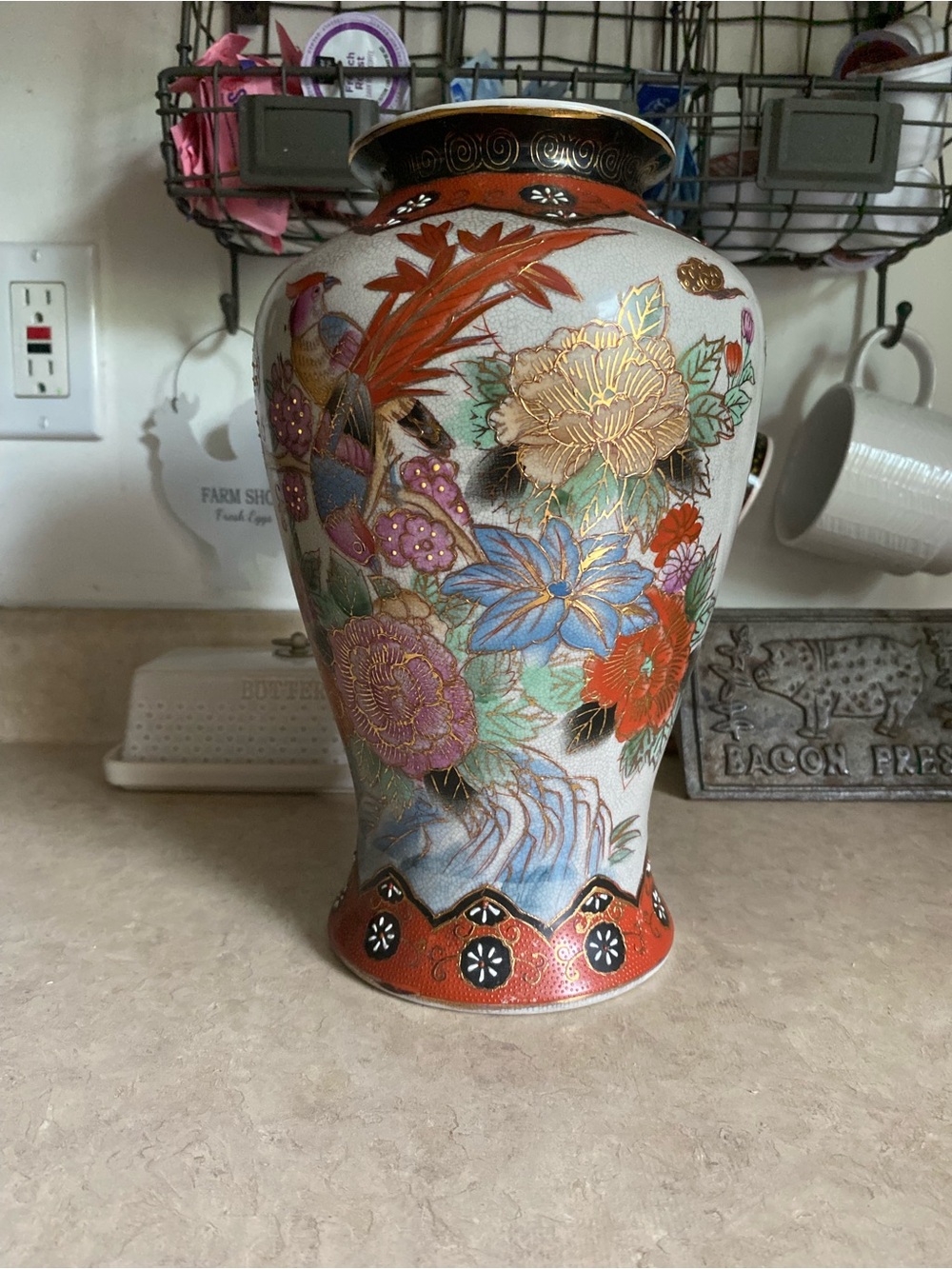 Vintage Chinese Large Vase 3D Hand Painted Satsuma Birds and Flowers Decor